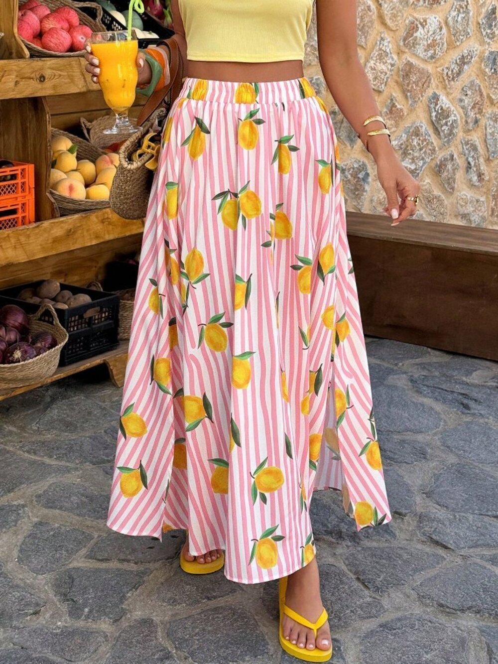 Multicolor Boho Women's Casual A-Line Striped Fruit Print Skirt